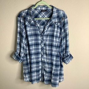 a.n.a. A NEW APPROACH LS/ROLL TAB BLU/WHT SHIRT 3X